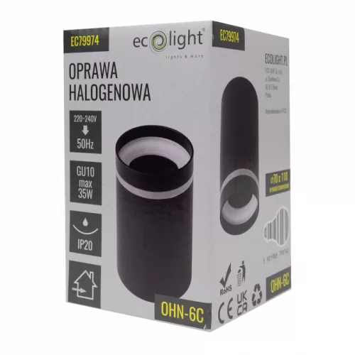 Felületre szerelhető halogén spot henger lámpatest GU10 kerek fekete OHN-6C N/T Ecolight