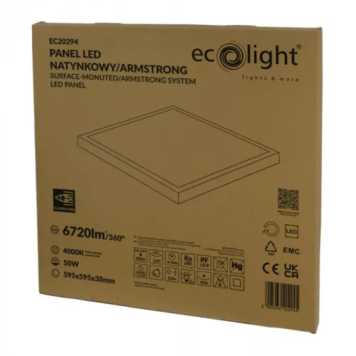 LED Panel 60x60 Felületre Szerelhető Világító Doboz 50W 4500lm 4000K Semleges Fehér Ecolight