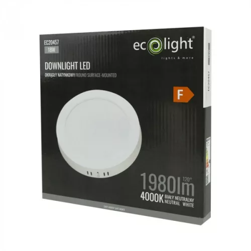 Felületre szerelhető mennyezeti LED panel lámpa 18W 1980lm 4000K semleges fehér 120° kerek fehér Downlight Ecolight