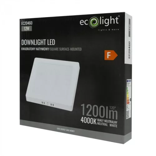 Felületre szerelhető mennyezeti LED panel lámpa 12W 1200lm 4000K semleges fehér 120° négyzet alakú fehér Downlight Ecolight