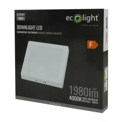 Felületre szerelhető mennyezeti LED panel lámpa 18W 1980lm 4000K semleges fehér 120° négyzet alakú fehér Downlight Ecolight