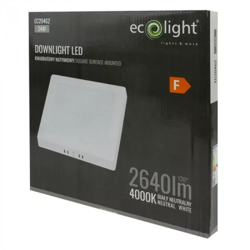 Felületre szerelhető mennyezeti LED panel lámpa 24W 2640lm 4000K semleges fehér 120° négyzet alakú fehér Downlight Ecolight