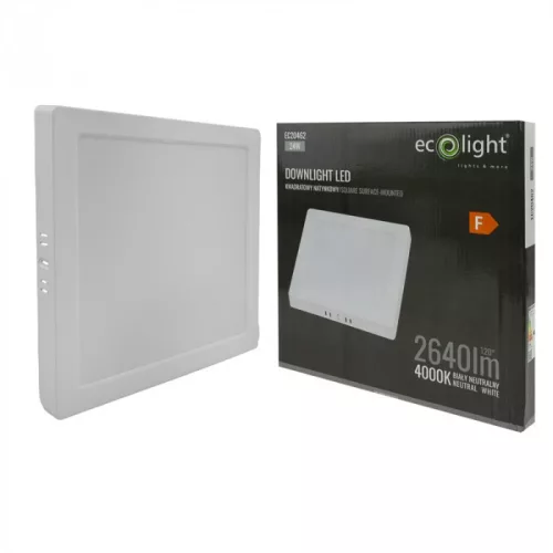 Felületre szerelhető mennyezeti LED panel lámpa 24W 2640lm 4000K semleges fehér 120° négyzet alakú fehér Downlight Ecolight