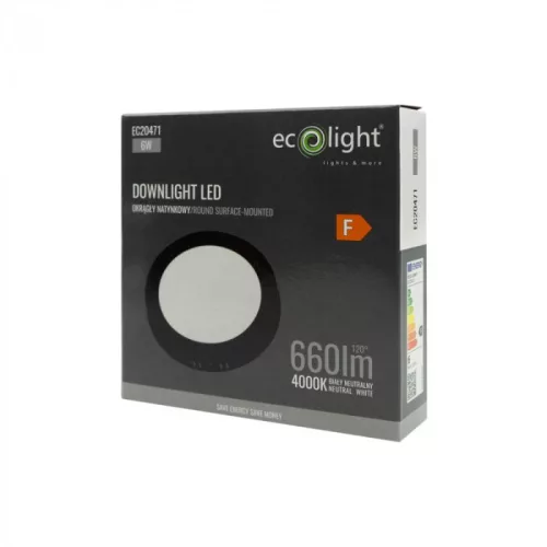 Felületre szerelhető mennyezeti LED panel lámpa 6W 660lm 4000K semleges fehér 120° kerek fekete Downlight Ecolight