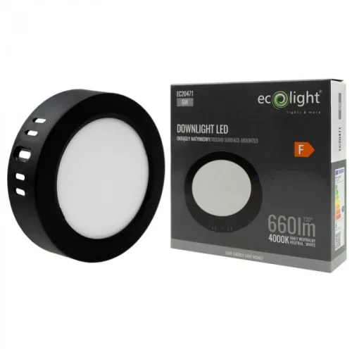 Felületre szerelhető mennyezeti LED panel lámpa 6W 660lm 4000K semleges fehér 120° kerek fekete Downlight Ecolight
