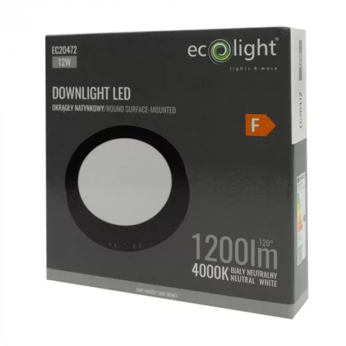 Felületre szerelhető mennyezeti LED panel lámpa 12W 1200lm 4000K semleges fehér 120° kerek fekete Downlight Ecolight