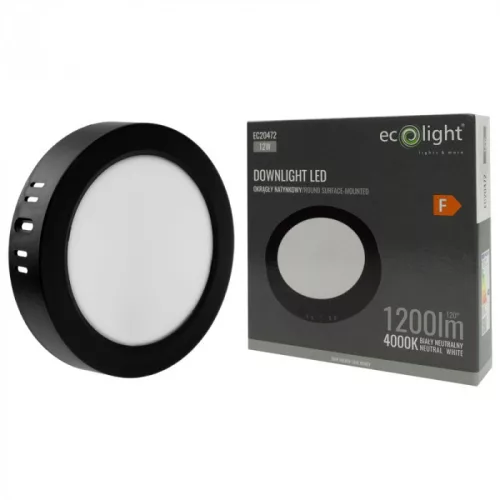 Felületre szerelhető mennyezeti LED panel lámpa 12W 1200lm 4000K semleges fehér 120° kerek fekete Downlight Ecolight