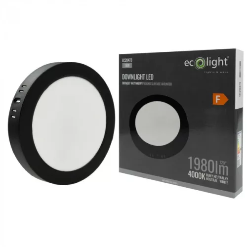 Felületre szerelhető mennyezeti LED panel lámpa 18W 1980lm 4000K semleges fehér 120° kerek fekete Downlight Ecolight