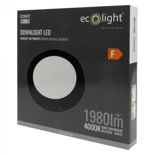 Felületre szerelhető mennyezeti LED panel lámpa 18W 1980lm 4000K semleges fehér 120° kerek fekete Downlight Ecolight