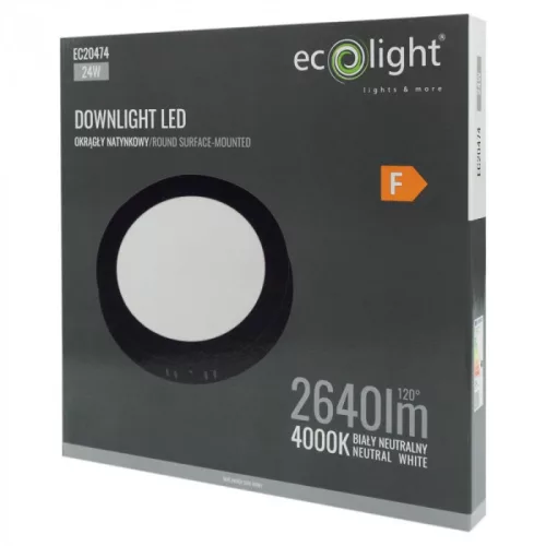 Felületre szerelhető mennyezeti LED panel lámpa 24W 2640lm 4000K semleges fehér 120° kerek fekete Downlight Ecolight