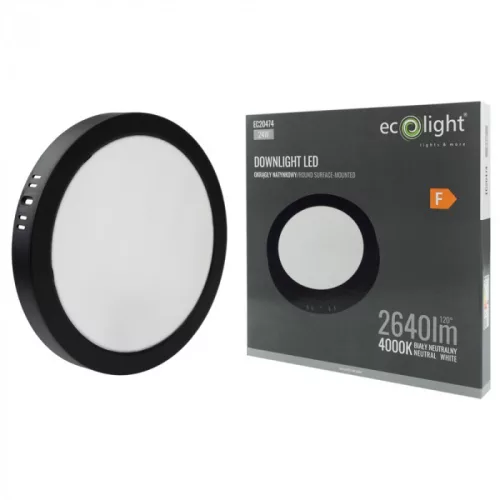 Felületre szerelhető mennyezeti LED panel lámpa 24W 2640lm 4000K semleges fehér 120° kerek fekete Downlight Ecolight