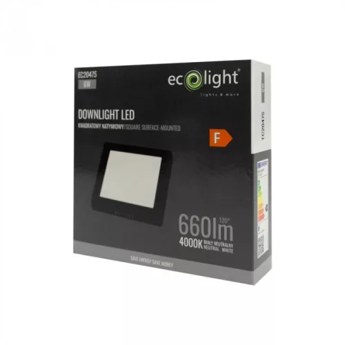 Felületre szerelhető mennyezeti LED panel lámpa 6W 660lm 4000K semleges fehér 120° négyzet alakú fekete Downlight Ecolight