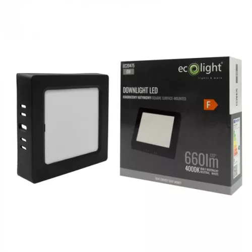 Felületre szerelhető mennyezeti LED panel lámpa 6W 660lm 4000K semleges fehér 120° négyzet alakú fekete Downlight Ecolight