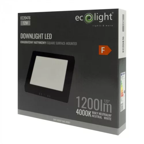 Felületre szerelhető mennyezeti LED panel lámpa 12W 1200lm 4000K semleges fehér 120° négyzet alakú fekete Downlight Ecolight
