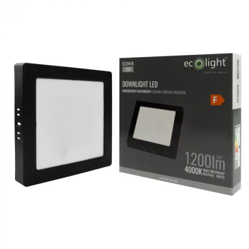Felületre szerelhető mennyezeti LED panel lámpa 12W 1200lm 4000K semleges fehér 120° négyzet alakú fekete Downlight Ecolight