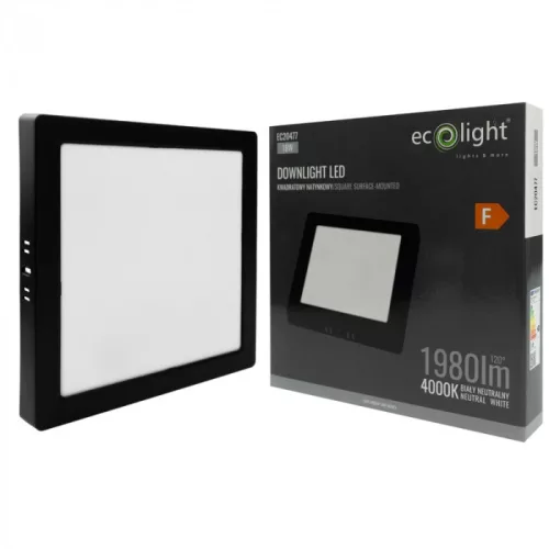 Felületre szerelhető mennyezeti LED panel lámpa 18W 1980lm 4000K semleges fehér 120° négyzet alakú fekete Downlight Ecolight
