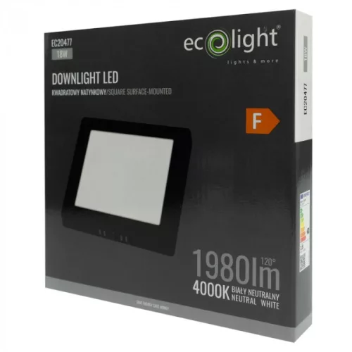 Felületre szerelhető mennyezeti LED panel lámpa 18W 1980lm 4000K semleges fehér 120° négyzet alakú fekete Downlight Ecolight