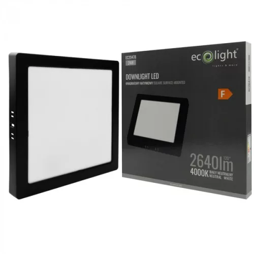 Felületre szerelhető mennyezeti LED panel lámpa 24W 2640lm 4000K semleges fehér 120° négyzet alakú fekete Downlight Ecolight