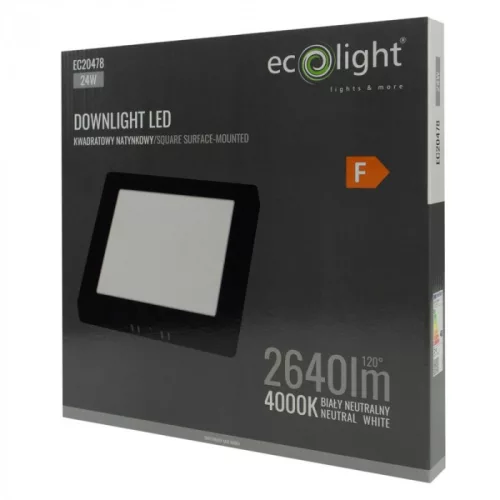Felületre szerelhető mennyezeti LED panel lámpa 24W 2640lm 4000K semleges fehér 120° négyzet alakú fekete Downlight Ecolight