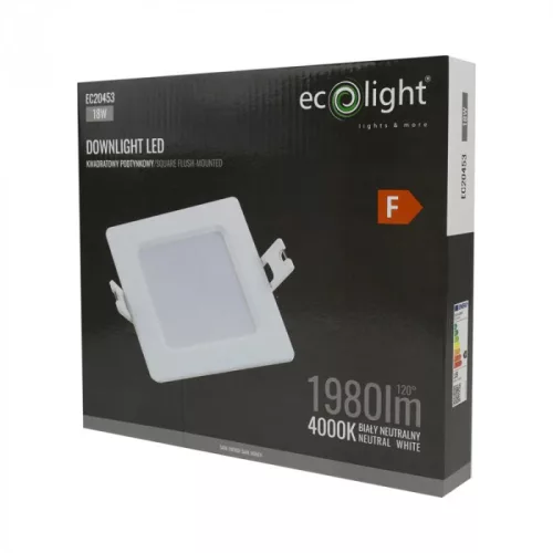 Süllyesztett mennyezeti LED panel lámpatest 18W 1980lm 4000K semleges fehér 120° négyzet alakú fehér Downlight Ecolight