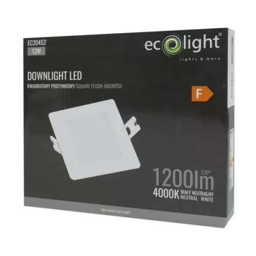 Süllyesztett mennyezeti LED panel lámpatest 12W 1200lm 4000K semleges fehér 120° négyzet alakú fehér Downlight Ecolight