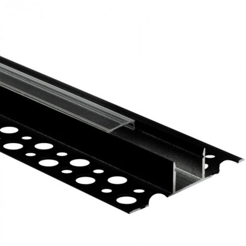 Alumínium profil, felületre szerelt, Fekete, LED-hez, KARTON / GIPSZkarton lapokhoz, 2 m, átlátszó lámpabúrával és Ecolight végzárókkal