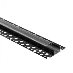   LED alumínium profil gipszkartonhoz REGIPS széles csempéhez való alátét, fekete, 1m átlátszó borítással LED szalagokhoz + végzárókkal, GNS Ecolight sorozat