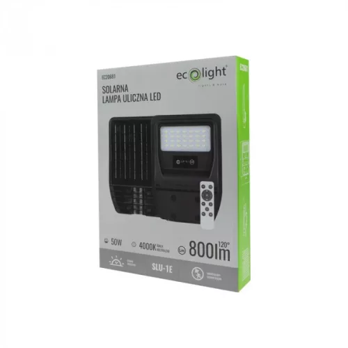 Napelemes ipari LED utcai lámpatest 50W 800lm 4000K semleges fehér téglalap alakú fekete IP65 mozgás- és alkonyérzékelővel Ecolight