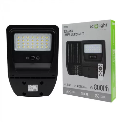 Napelemes ipari LED utcai lámpatest 50W 800lm 4000K semleges fehér téglalap alakú fekete IP65 mozgás- és alkonyérzékelővel Ecolight