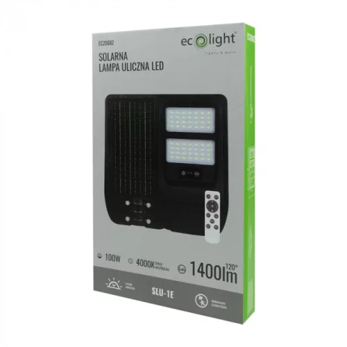 Napelemes ipari LED utcai lámpatest 100W 1400lm 4000K semleges fehér téglalap alakú fekete-szürke IP65 mozgás- és alkonyérzékelővel Ecolight