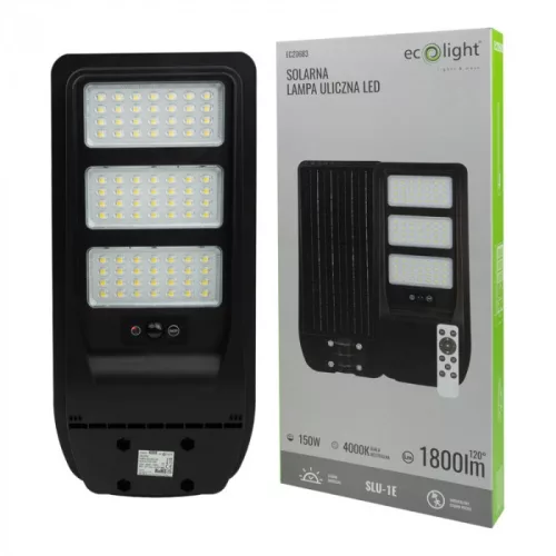 Napelemes ipari LED utcai lámpatest 150W 1800lm 4000K semleges fehér téglalap alakú fekete IP65 mozgás- és alkonyérzékelővel Ecolight