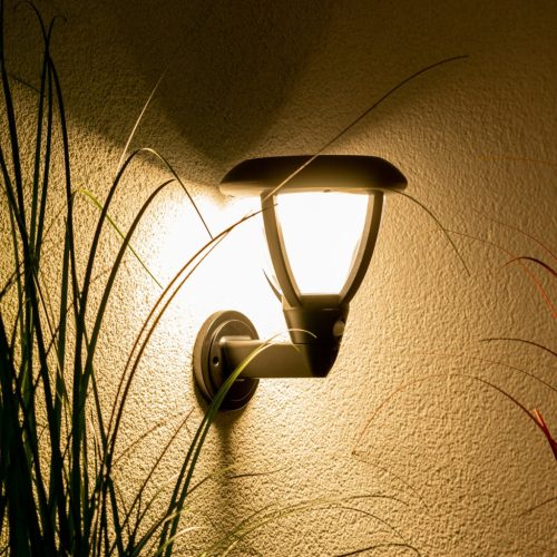 Napelemes kerti fali lámpa emelő LED fali lámpatest mozgás- és szürkületérzékelővel 4000K IP44