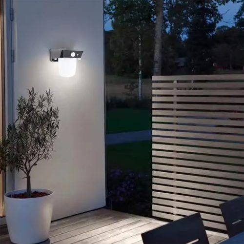 LED napelemes kerti homlokzati lámpa fali lámpa 4000K IP54 mozgás- és szürkületérzékelő