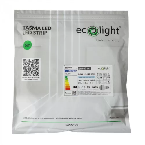 SMD LED szalag 2835 4.8W/m 300lm/m 60LED/m 12V 6500K hideg fehér IP63 5m tekercs Ecolight