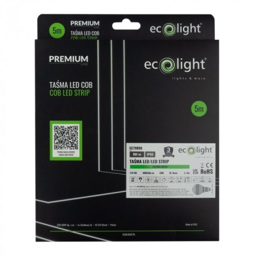LED szalag COB 9W/m 480LED/m 12V zöld IP65 5m tekercs Ecolight
