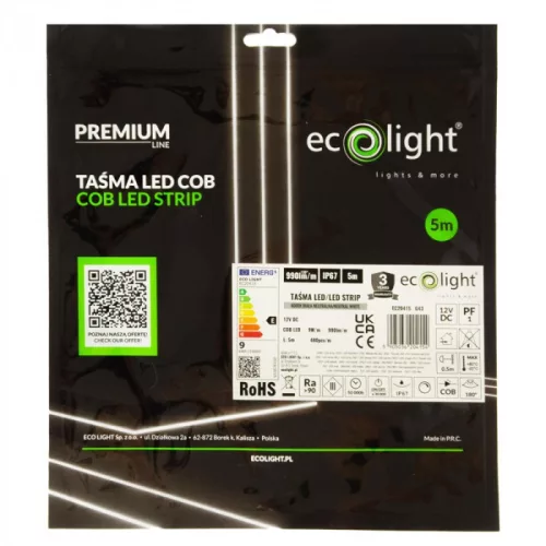 LED szalag COB 9W/m 990lm/m 480LED/m 12V 4000K Semleges CRI90 IP67 5m-es tekercs Ecolight