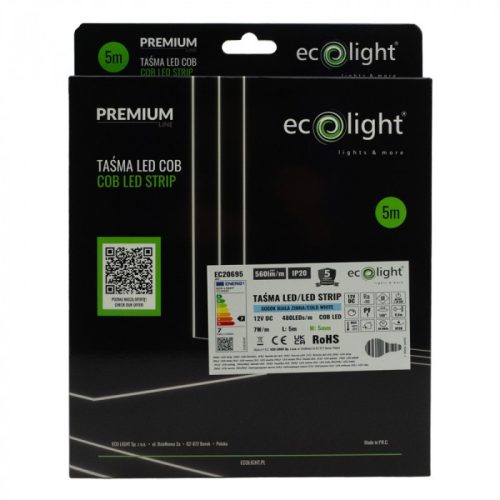 LED szalag COB 7W/m 560lm/m 480LED/m 12V 6000K Hideg IP20 Tekercs 5m Ecolight