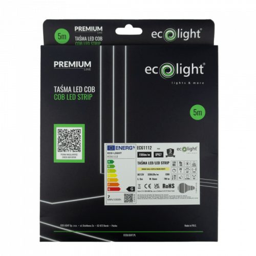 LED szalag COB 7W/m 735lm/m 320LED/m 12V 3000K Melegfényű IP67 Tekercs 5m Ecolight