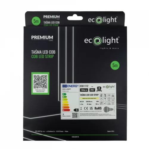 LED szalag COB 7W/m 735lm/m 320LED/m 12V 3000K Melegfényű IP67 Tekercs 5m Ecolight