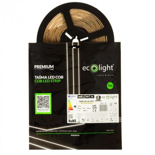 LED szalag COB 9W/m 990lm/m 480LED/m 12V 3000K Meleg CRI90 IP67 Tekercs 5m Ecolight