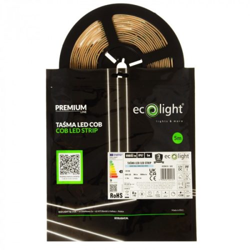 LED szalag COB 9W/m 990lm/m 480LED/m 12V 6000K Hideg CRI90 IP67 Tekercs 5m Ecolight