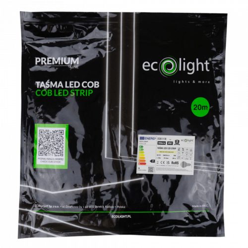 LED szalag COB 9W/m 945lm/m 480LED/m 12V 3000K Melegfényű IP67 Tekercs 20m Ecolight