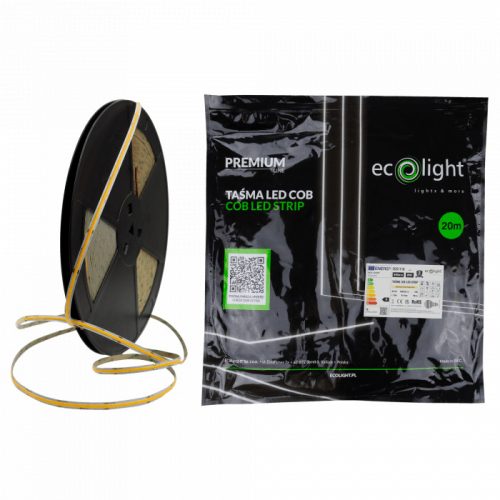 LED szalag COB 9W/m 945lm/m 480LED/m 12V 3000K Melegfényű IP67 Tekercs 20m Ecolight