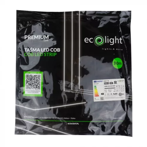 LED szalag COB 9W/m 1035lm/m 480LED/m 12V 4000K Semleges IP67 Tekercs 20m Ecolight