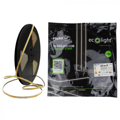 LED szalag COB 9W/m 1035lm/m 480LED/m 12V 4000K Semleges IP67 Tekercs 20m Ecolight