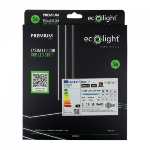 LED szalag COB 7W/m 840lm/m 320LED/m 24V 6000K Hideg IP67 Tekercs 5m Ecolight