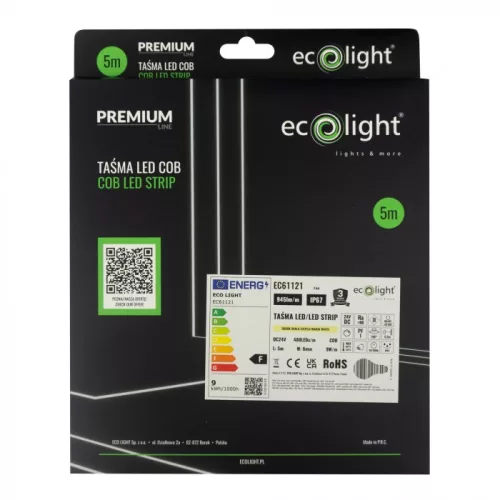 LED szalag COB 9W/m 945lm/m 480LED/m 24V 3000K Melegfényű IP67 Tekercs 5m Ecolight