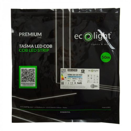 LED szalag COB 9W/m 990lm/m 480LED/m 24V 6000K Hideg IP20 Tekercs 50m Ecolight