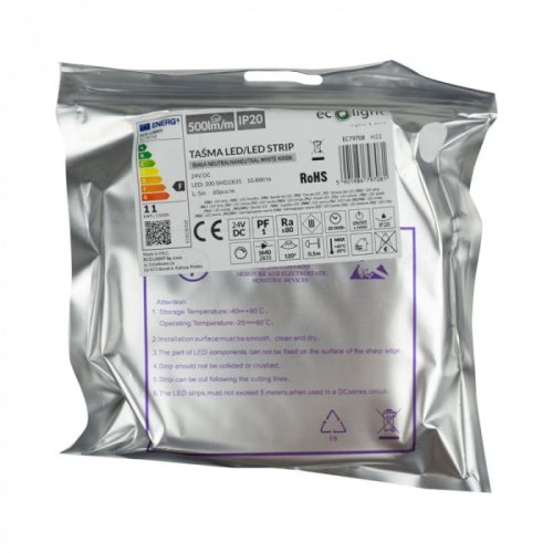 LED szalag SMD 2835 10.8W/m 500lm/m 60LED/m 24V 4000K Semleges IP20 5m Tekercs Ecolight
