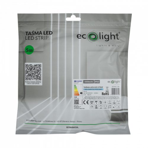 LED szalag SMD 2835 10.8W/m 500lm/m 60LED/m 24V 6500K Hideg IP63 Tekercs 5m Ecolight